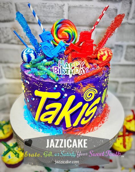 Boy Cakes Ideas, Takis Birthday Cake, Taki Theme Party, Takis Cake Ideas, Taki Cake Idea, Takis Birthday Party Theme, Takis Recipe Ideas, Crazy Birthday Cakes, Special Birthday Cakes