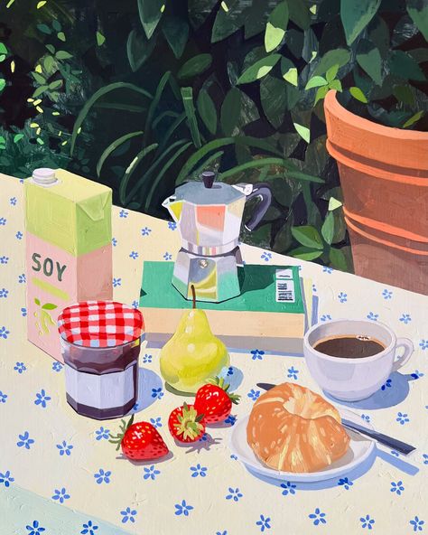 breakfast al fresco Breakfast Illustration, Wood Panel, Best Artist, Wood Paneling, Painting Inspiration, Still Life, Art Projects, Cool Art, Sketch Book