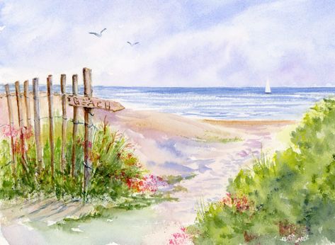 Cape Cod Painting, Cod Art, Cape Cod Beach, Sailing Day, Beach Path, Cape Cod Beaches, Watercolor Beach, Sailboat Art, Nature Watercolor