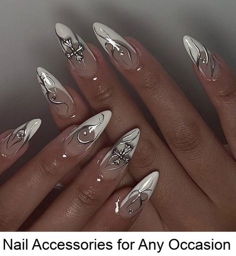 3321.Don't miss out on the latest nail trends! Click link for all the juicy details! #nails #nailtools #nailtrend #chrome #nail #ideas Silver Detail Nails, Hailey Bieber Nails Chrome Silver, Silver Chrome Nails Aesthetic, Chrome Grunge Nails, Silver Chrome Nails With Charms, Detail Nails, Chrome Nail Ideas, Chrome Y2k Nails + Charms, Chrome Nail Art