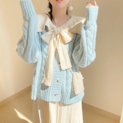 These cute sweater aesthetics are now at Juwas! Shop now at https://www.juwas.com/ Blue Cute Clothes, Light Blue Clothing Aesthetic, Soft Blue Clothes, Blue Aesthetic Clothes, Aesthetic Blue Outfits, Blue Outfits Aesthetic, Knitted Dress Winter, Dress Winter Long, Pastel Blue Outfit