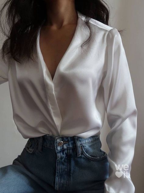 ♡ 𝓼𝓮𝓻𝓮𝓷𝓭𝓲𝓹𝓲𝓽𝔂 ♡ Satin Shirt Outfit Classy, Satin Blouse Outfit Classy, Satin Shirt Outfit, White Blouse Outfit, Silk Blouse Outfit, Silk Shirt Outfit, White Satin Shirt, Satin Blouse Outfit, Rewrite The Stars