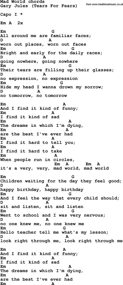 Song lyrics with guitar chords for Mad World August Rush, Ukulele Chords Songs, Uke Songs, Online Guitar Lessons, Ukulele Music, Guitar Chords For Songs, Guitar Chords And Lyrics, Music Chords, Donnie Darko