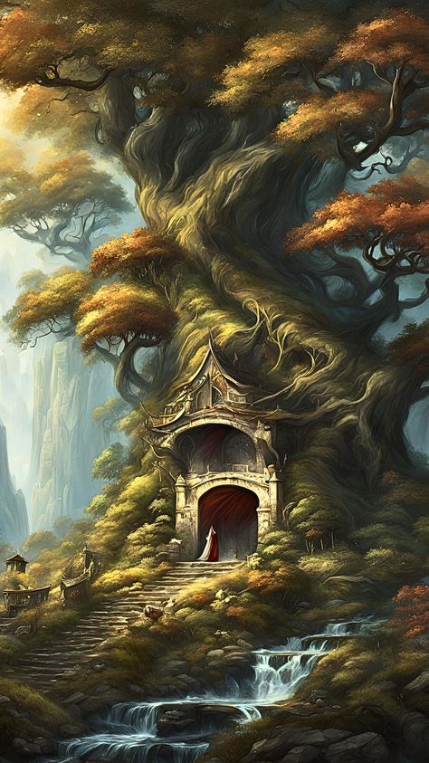 #fantasyart #fantasy #tree Fantasy Willow Tree, Fantasy Art House, Tree Fantasy Art, Wallpaper Fantasy Art, Elder Tree, Wallpaper Fantasy, Fantasy Tree, Fantasy Wallpaper, House Tree