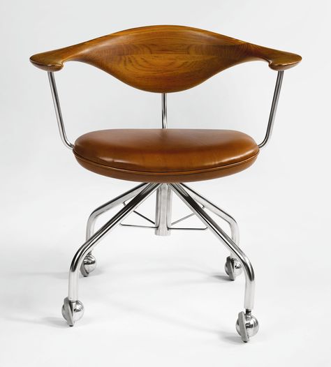 Hans J. Wegner  SWIVEL CHAIR, MODEL NO. 502  teak, leather upholstery and stainless steel  designed 1955 Steel Architecture, Hans J Wegner, Shell Chair, Swivel Office Chair, Furniture Details, Wood Surface, Steel Design, Swivel Chair, Leather Seat