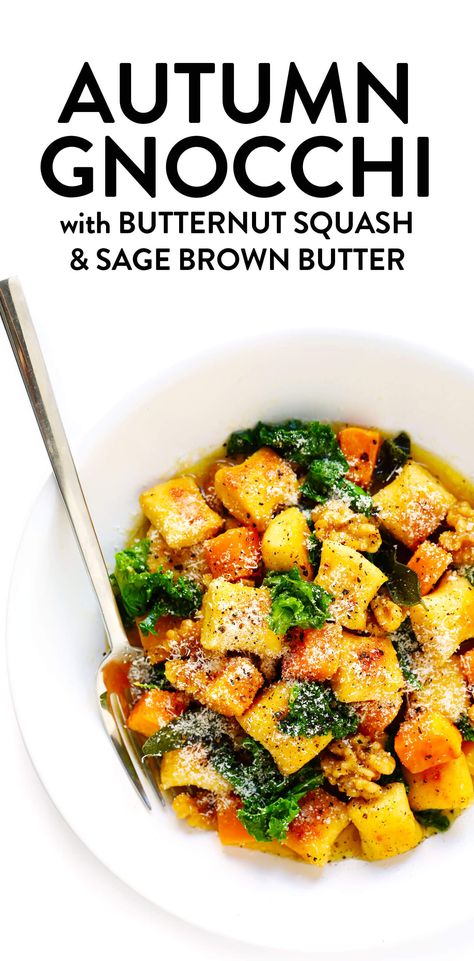 Gnocchi with Butternut Squash, Kale and Sage Brown Butter Sauce - Gimme Some Oven Toasted Gnocchi, Butter Squash Recipe, Sage Brown Butter Sauce, Butternut Squash Sage, Sage Brown Butter, Butternut Squash Kale, Brown Butter Sauce, Ricotta Gnocchi, Gimme Some Oven