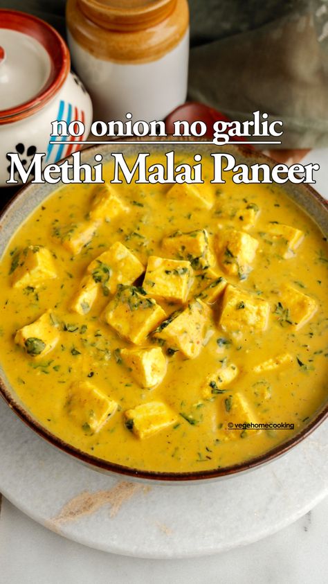 This Methi Malai Paneer is restaurant-style, without onion and garlic, and packed with fresh fenugreek leaves! It is creamy, rich, delicious, comforting, and satisfying. Snacks Without Onion And Garlic, Methi Malai Paneer, Paneer Recipes Without Onion And Garlic, No Garlic No Onion Recipes, Malai Recipe, Garlic Food, Jain Recipes, Indian Side Dishes, Food Feast