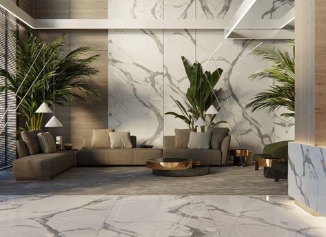 lobby . lounge . hotel . public space . marble . modern . botanica . tropical Natural Living Room Decor, Hotel Lobby Lounge, Luxury Hotels Lobby, Hotel Room Interior, Luxury Ceiling Design, Club Sofa, Tropical Interior Design, Hotel Lobby Design, Lobby Interior Design