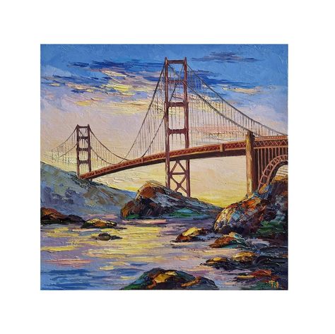 This is an original oil painting not a copy or a print. Golden Gate Bridge,oil style painting.This painting will look amazing as decor for bedroom ,living room,office ,childrens room wall.Also it can be a perfect gift for your friends and family Style: Modern. Size : 13 by 13 inches. Type: Hand San Francisco Painting, Golden Gate Bridge Painting, Bridge Painting, San Francisco Art, San Francisco Museums, Paint Strokes, Paint Palette, Oil Paints, Seascape Paintings