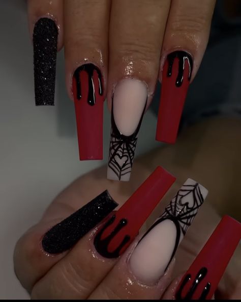 Halloween Nail Designs Long Nails, Red Black And White Halloween Nails, Red Black White Halloween Nails, Red And Black Vampire Nails, Staleto Nails Halloween, Halloween Nail Designs Stiletto Long, Halloween Nails Long Stiletto, Black White And Red Halloween Nails, Red And Black Spooky Nails