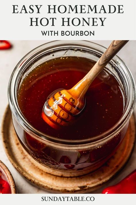 Super Easy Homemade Bourbon Hot Honey Honey Bourbon Glaze, Dutch Honey Syrup, Homemade Hot Honey, Over Fried Chicken, Pizza Waffles, Homemade Bourbon, Hot Honey Recipe, Mango Iced Tea, Fall Eats