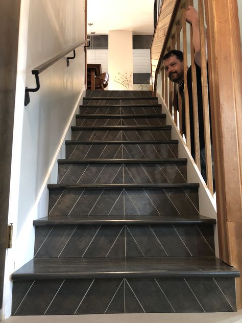 Copycat Fixer Upper stair risers Tile On Step Risers, Stone Stair Risers, Dark Stair Risers, High Traffic Stair Ideas, Black Tile Staircase, Modern Stair Risers, Tile Risers On Stairs, Black Stair Risers, Tile Stairs Indoor Staircases