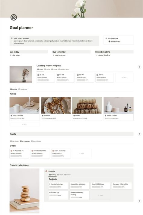 This reusable Notion Digital  planner that comes with :

• Individual Monthly pages
• Weekly planner
• Daily planner
• Goal Planner
• Journal
• Habit tracker Goals Notion Page, Goal Planning Notion, Notion Page Inspiration, Goals Page Notion, Notion Goal Tracker, Notion Goals Page, Notion Goals Template, Notion Hacks, Notion Daily Planner