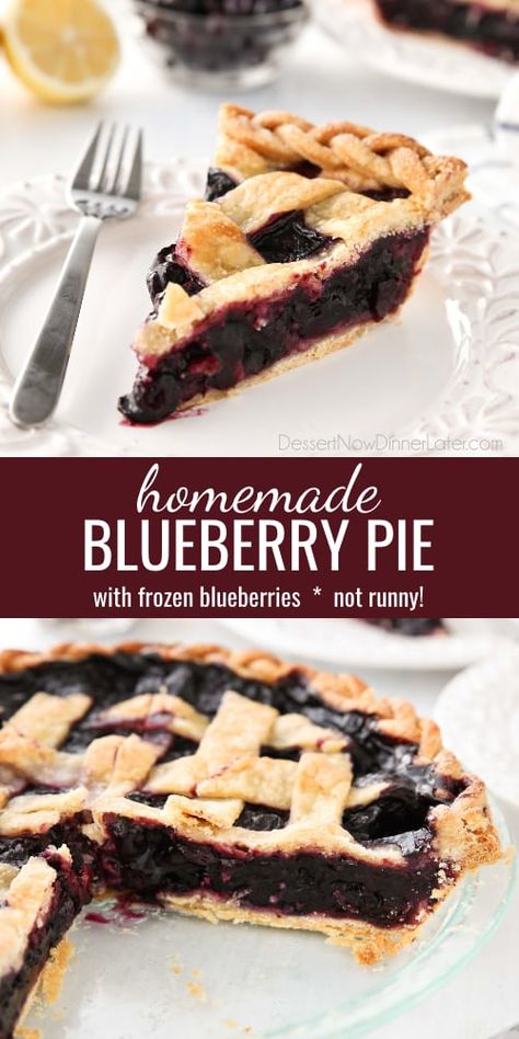 Homemade blueberry pie made with frozen blueberries is easy to make year-round with simple ingredients to create a thick (not runny) pie filling from scratch. Blueberry Pie With Frozen Blueberries, Frozen Blueberry Pie, Frozen Blueberry Recipes, Blueberry Pie Filling Recipes, Berry Pie Filling, Easy Blueberry Pie, Fresh Blueberry Pie, Blueberry Pie Recipe, Homemade Blueberry Pie