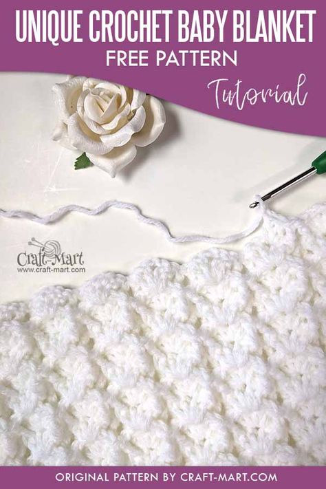 Learn this unique crochet baby blanket pattern for your own heirloom baby blanket! Made with easy 3-D clusters, this unique stitch is as beautiful as it is easy. While using widely-available Bernat Baby Blanket yarn, you'll quickly learn how to crochet this textured blanket. Certainly, you can alternate any colors or crochet a solid color blanket to fit your nursery color scheme. We have a short video tutorial to help you master this stitch quickly. Unique Crochet Baby Blanket, Diy Baby Blanket Crochet, Crochet Baby Blanket Sizes, Unique Crochet Blanket, Crochet Blanket Stitch, Unique Baby Blankets, Heirloom Baby Blankets, Crochet Baby Blanket Beginner, Bernat Baby Blanket Yarn