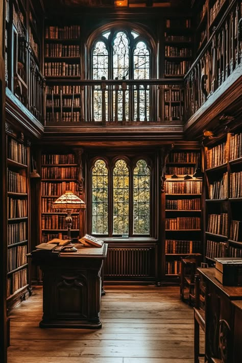 This image showcases a beautifully designed wooden library featuring tall bookshelves filled with books. The warm glow of a lamp illuminates the central reading desk, while intricate Gothic-style windows allow natural light to filter in, creating a serene reading atmosphere. The rich wood tones and carefully arranged decor enhance the library's elegant, inviting ambiance, making it a perfect study or reading space..  #library, #wooden decor, #Gothic architecture, #reading nook, #book lovers, #home library Light Wood Library, French Library Aesthetic, 1800s Library, Quaint Bookstores, Cottage Core Library, Dark Wood Bookshelves, Cozy Library Aesthetic, Aesthetic Home Library, Victorian Home Library