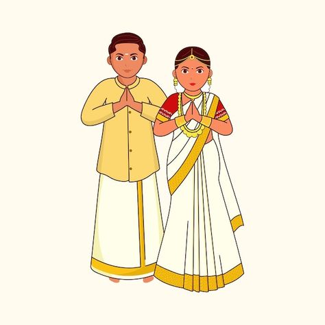 Kerala wedding couple greeting namaste i... | Premium Vector #Freepik #vector #indian-groom #wife #husband #indian-couple Kerala Wedding Couple, Kerala Traditional Dress, Kerala Dress, Housewarming Invitation, Dress Clipart, Cartoon Couples, White Dress Outfit, Kerala Wedding, Indian Couple