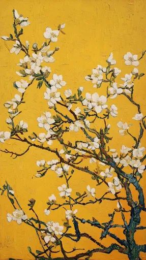 ↑↑↑ Larger size on website 🔸 The image is an oil painting depicting a flowering almond tree branch against a vibrant yellow backg Yellow Flowers Background, Almond Tree Blossom, Almond Branch, Yellow Paintings, Flowering Almond, Bright Yellow Background, Yellow Backdrop, Almond Tree, Flower Artwork