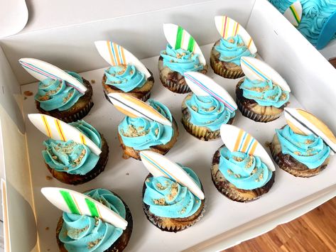 1st Birthday Surf Cake, Surf Themed Cupcakes, The Big One Surf Birthday Cupcakes, The Big One Surf Smash Cake, Surfing 1st Birthday Party, Baby On Board Cupcakes, Surf 3rd Birthday Party, Surf Theme Birthday Cake, The Big One Dessert Table