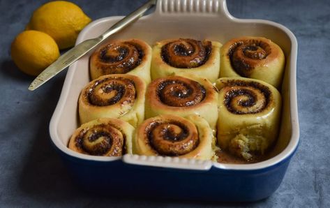 For this twist on classic cinnamon rolls, we’ve got olive oil in both the dough and the filling. It’s still got that pillowy, gooey texture we know and love, but the dough also feels lighter and tender. The filling is heavily spiced with cardamom, cinnamon, cloves, nutmeg, and a zip from a little bit of lemon zest. Dry Yeast, Lemon Zest, Cake Pans, Cinnamon Rolls, Olive Oil, Dough, Cinnamon, Oven, Rolls