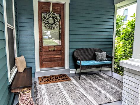 Blue Grey Craftsman Exterior, Jade Green House Exterior, Blue Painted Houses Exterior, Navy Blue House Green Door, Dusty Teal House Exterior, Teal Siding Exterior, Teal Green House Exterior, Green Blue House Exterior, Teal Home Exterior