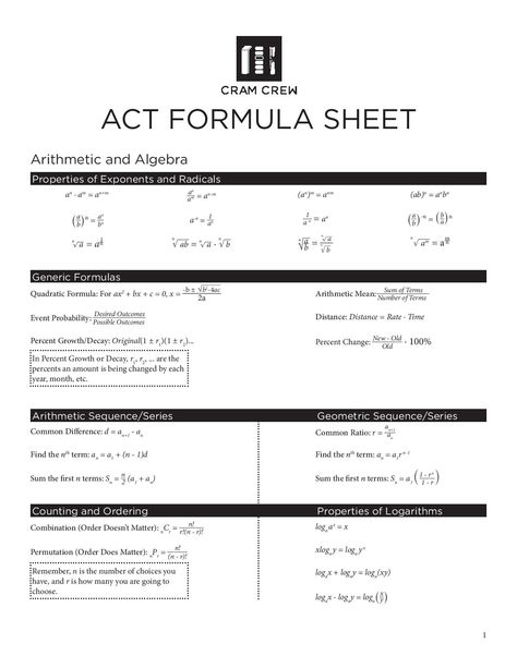 Free Printable Exam Score Conversion Cart - Act Formula Sheet Act Formula Sheet, Writing Sentences Worksheets, Formula Sheet, Arithmetic Mean, Act Test Prep, Act Test, Quadratic Formula, Social Studies Lesson Plans, Act Prep