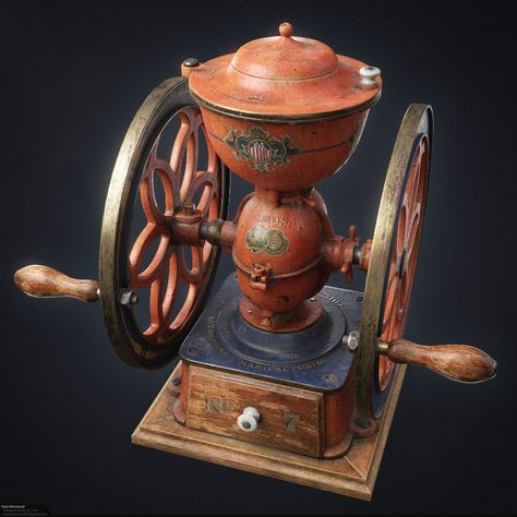 ArtStation - Antique Coffee Grinder, imad messaoudi Stylized Vehicle, Antique Props, Facebook Featured Photos, Antique Coffee Grinder, Western Games, Glass Tea Set, Game Textures, Hard Surface Modeling, Props Concept