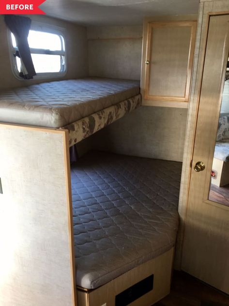 Travel Trailer Bunk Remodel, Diy Camper Bunk Beds Travel Trailers, Trailer Bunk Bed Remodel, Bunk Beds In Camper, Bunk House Travel Trailer Remodel, Corner Rv Bunk Remodel, Camper Bunk Bed Remodel, Camper Bunk Remodel, Bunkhouse Travel Trailer Remodel