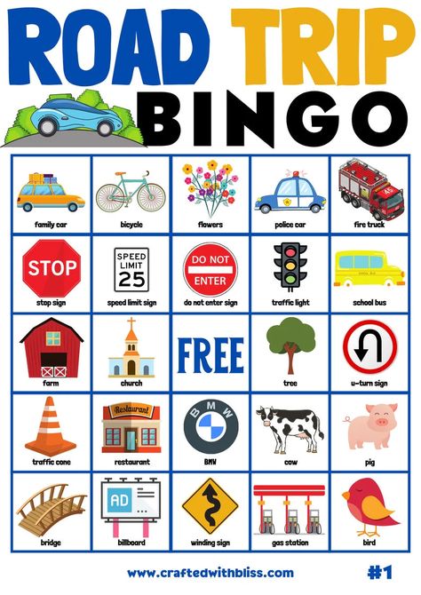 Road Trip Bingo For Kids - 10 Cards Family Road Trip Games, Bingo Birthday Party, Auto Bingo, Printable Road Trip Games, Toddler Road Trip, Road Trip Theme, Road Trip Printables, Bingo Birthday, Road Trip Bingo