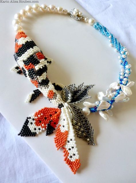 Koi Necklace, Under The Wave Off Kanagawa, The Wave Off Kanagawa, Butterfly Koi, Beaded Fish, Seed Bead Art, Beaded Starfish, Sea Anemone, Mermaid Jewelry