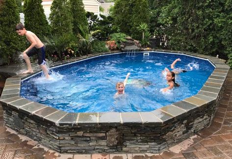 All you should know about semi inground pools #ingroundpools Semi Inground Pool Deck, Semi Above Ground Pool, Semi Inground Pool, Inground Pool Designs, Oval Pool, Pool Deck Plans, Semi Inground Pools, Pools Backyard Inground, Custom Swimming Pool