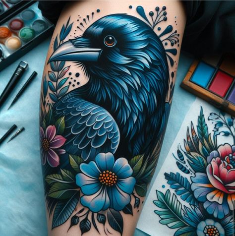 Tattooed People, Raven Sleeve Tattoo, Crow Tattoo Traditional, Neo Trad Raven Tattoo, Neo Traditional Raven Tattoo, Colorful Crow Tattoo, Raven American Traditional Tattoo, Raven Tattoo Feminine Arm, Traditional Tattoo Crow