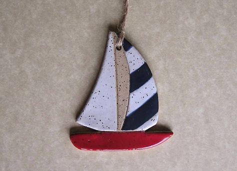 Sailboat Ornament Stoneware Made In Maine by by ConceptsInClay, $5.00 Ceramic Accessory, Pottery Houses, Paper Mache Art, Ceramic Artwork, Clay Crafts Air Dry, Ocean Crafts, Lake Art, Clay Wall, Ceramic Houses