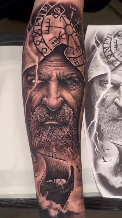 Oden Tattoo, Asatru Tattoo, Tattoo Odin, Thor Tattoo, Arm Tattoos Black, Viking Warrior Tattoos, Viking Tattoo Sleeve, Zeus Tattoo, Men Tattoos Arm Sleeve