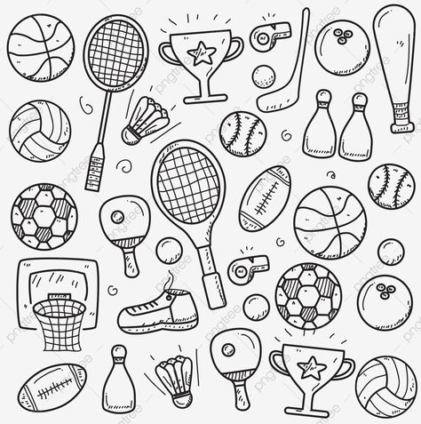 Tennis Doodle Art, Sports Doodle Art, Sports Equipment Drawing, Badminton Drawing Easy, Doodle Volleyball, Badminton Drawing Sketch, Badminton Doodle, Badminton Racket Drawing, Volleyball Doodles