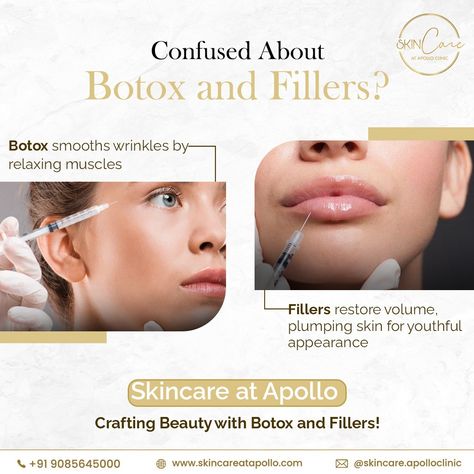 Difference between Botox & Fillers Static "Confused about Botox and Fillers? Botox smooths wrinkles by relaxing muscles fillers restore volume, plumping skin for a youthful appearance Skincare at Apollo Crafting Beauty with Botox and Fillers!" https://pin.it/6XDhpPzU8 "💉✨ Botox or Fillers: What’s your beauty secret? 🧏✨ Curious about the magic behind these skincare superheroes? Let’s decode! ✅ 💁Botox, a neurotoxin, relaxes facial muscles, smoothing wrinkles caused by repetitive movemen... Relaxing Muscles, Botox And Fillers, Digital Advertising Design, Skin Facts, Fuller Lips, Kindergarten Design, Botox Fillers, Wrinkle Reduction, Aesthetic Clinic