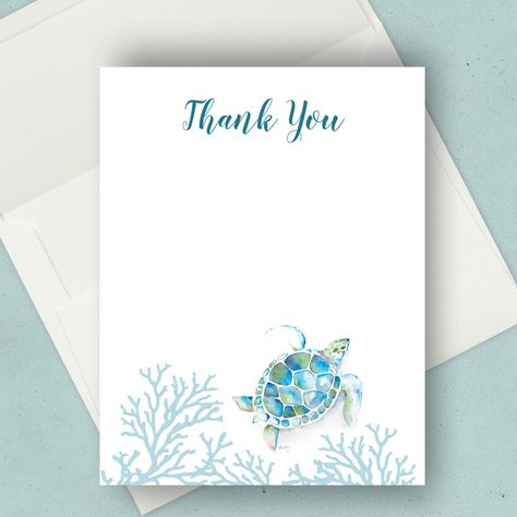 Under the Sea Blue Watercolor Sea Turtle Thank You - sea turtle party gifts Sea Turtle Party, Sea Wedding Theme, Watercolor Sea Turtle, Sea Turtle Watercolor, Turtle Watercolor, Sea Wedding, Turtle Party, Script Typography, Thank You Note Cards