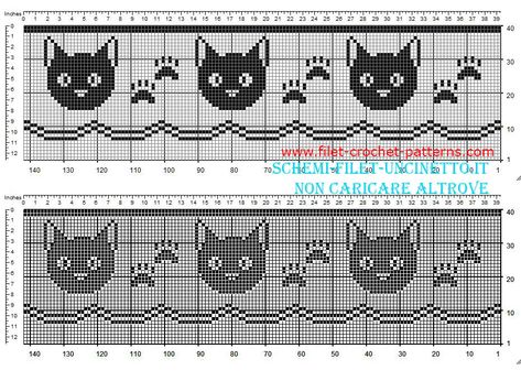 Free filet crochet border pattern with cat faces and fingerprints width 34 squares Filet Crochet Border, Crochet Edging Pattern, Crochet Border Patterns, Crochet Border, Filet Crochet Charts, Crochet Edgings, Pull Bebe, Cat Faces, Fillet Crochet