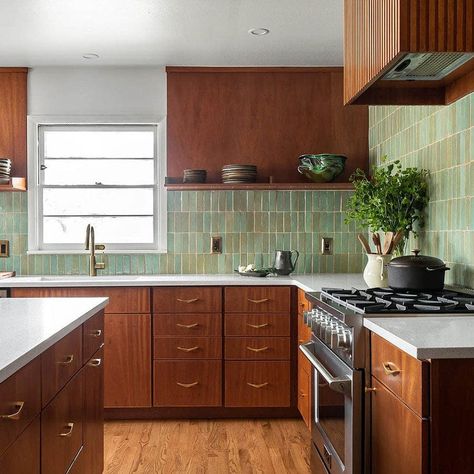 Zia Tile, Mcm Kitchen, Moroccan Zellige, Mid Century Modern Kitchen, Zellige Tile, Mid Century Kitchen, Green Tile, Kitchen Inspo, Kitchen Reno