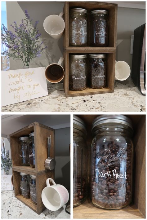 HOW TO: CREATE THIS COFFEE BEAN AND CUP ORGANIZER. SUPER EASY Coffee Bean Organization, Mason Jar Coffee Station, Coffee Bean Storage Ideas, Ground Coffee Storage, Coffee Organizer, Coffee Bean Storage, Coffee Bean Decor, Coffee Organization, Mason Jar Storage