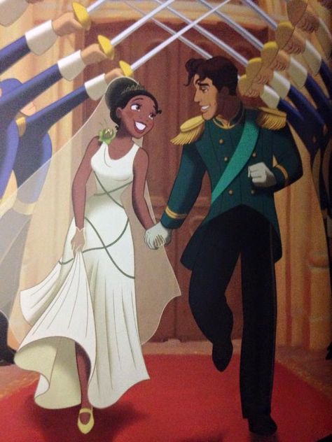 Tiana and Prince Naveen's Wedding Day First Disney Princess, Wedding Couple Cartoon, Tiana And Naveen, Tiana Disney, Prince Naveen, Disney Romance, Princesa Tiana, Animation Disney, Images Disney