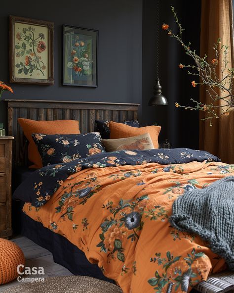 Navy And Orange Bedroom Ideas, Dark Blue And Burnt Orange Bedroom, Bedroom Inspirations Blue Grey, Navy And Orange Bedroom, Dark Navy Bedroom, Navy Blue Accent Wall Bedroom, Burnt Orange Rooms, Bedroom Inspirations Blue, Orange Bedroom Decor