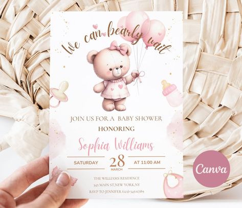 Editable Pink We Can Bearly Wait Baby Shower Invite, Pink Balloon Girl Teddy Bear theme , Bear Babyshower template instant download BSTBG04 by MimoToyShop on Etsy We Can Bearly Wait Girl Theme, Teddy Bear Baby Shower Invitations, Teddy Bear Theme, We Can Bearly Wait, Invitation Diy, Teddy Bear Girl, Bearly Wait, Canva Website, Bear Girl