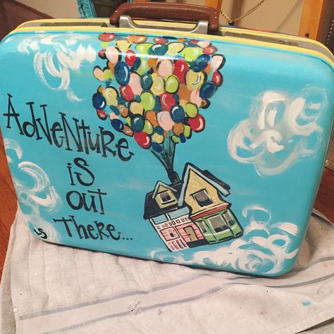 Disney, UP themed suit case!  More art for sale at  https://www.facebook.com/PaintingsNstuff/ Suitcase Painting Ideas, Suitcase Painting, Luggage Painting, Painted Suitcases Ideas, Painting On Suitcase, Painting Suitcases Diy Ideas, Painted Suitcases Ideas Vintage Luggage, Disney Suitcase, Paint Old Suitcase