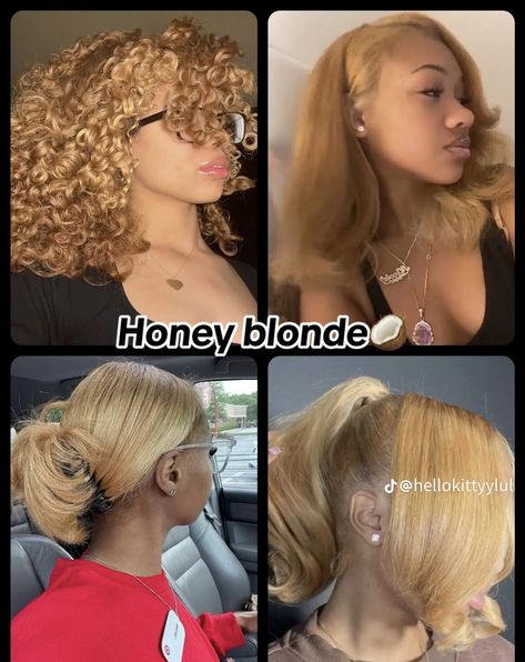 Black Women Natural Hair Dyed, Dark And Lovely Honey Blonde Dye, Hair Dye Combos Black Women, Blonde Hair Dye Ideas Black Women, Hair Dye On Dark Skin Women, Honey Blonde With Blonde Highlights, Honey Blonde Dyed Hair, Blonde Dyed Hair Black Women, Hair Dye Combinations