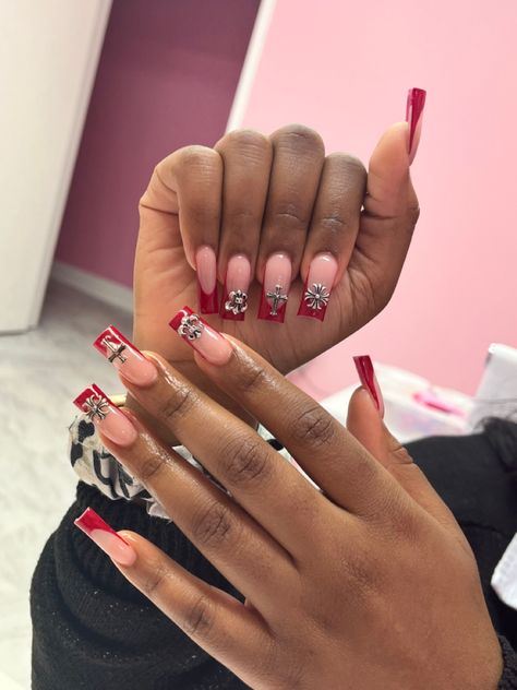 French Tip Nails With Cross, Red Nails Prom, Nails With Cross, Red Nails Short, Long French Tip Nails, Red French Tip Nails, Cute Red Nails, Short Red Nails, Red French Tip