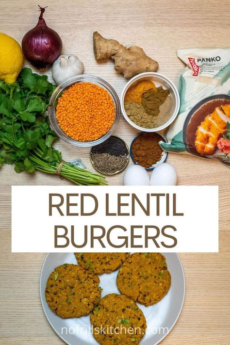 Red Lentil Burger Recipe, Lentil Patties Recipe, Red Lentil Patties, Lentil Burger Recipe, Lentil Burger, Lentil Patties, Red Lentil Recipes, Veggie Burger Patties, Meatless Burgers