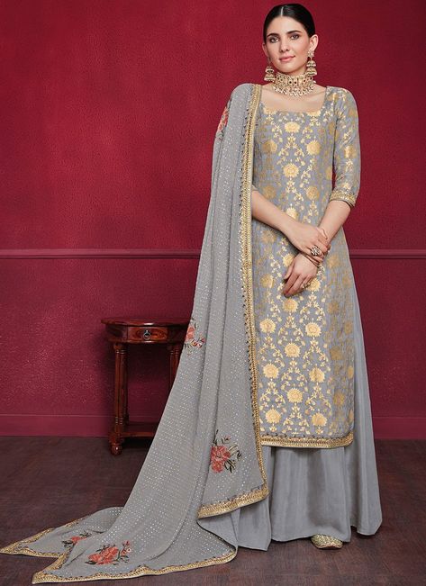 Light Grey Dola Jacquard Sharara Suit Banarasi Suit Designs, Indian Suits For Women, Embroidery Suits Punjabi, Banarasi Suit, Embroidery Suit, Punjabi Outfits, Indian Designer Suits, Indian Party Wear, Palazzo Suit