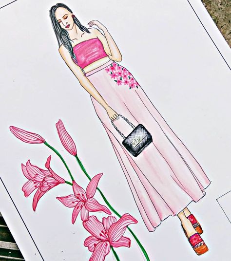 Flower Dress Illustration, Female Illustration Fashion, Drawing Of Dresses, Crockey Illustration, Female Croqui, Symmetrical Pictures, Devi Priya, Skirt Illustration, Dress Illustration Design