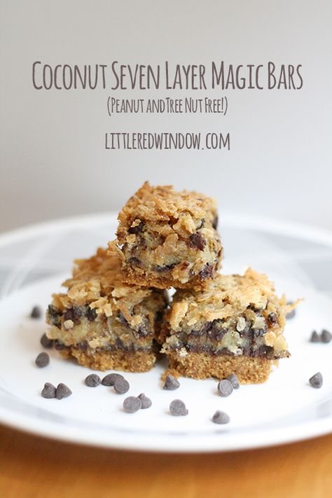 Coconut Seven Layer Magic Bars |  Peanut and Tree Nut Free |  littleredwindow.com Tree Nut Free Desserts, 7 Layer Magic Bars, Gluten Free Hot Dogs, Nut Free Desserts, Magic Bars Recipe, Magic Cookie Bars, Layer Bars, Magic Bars, Nut Recipes